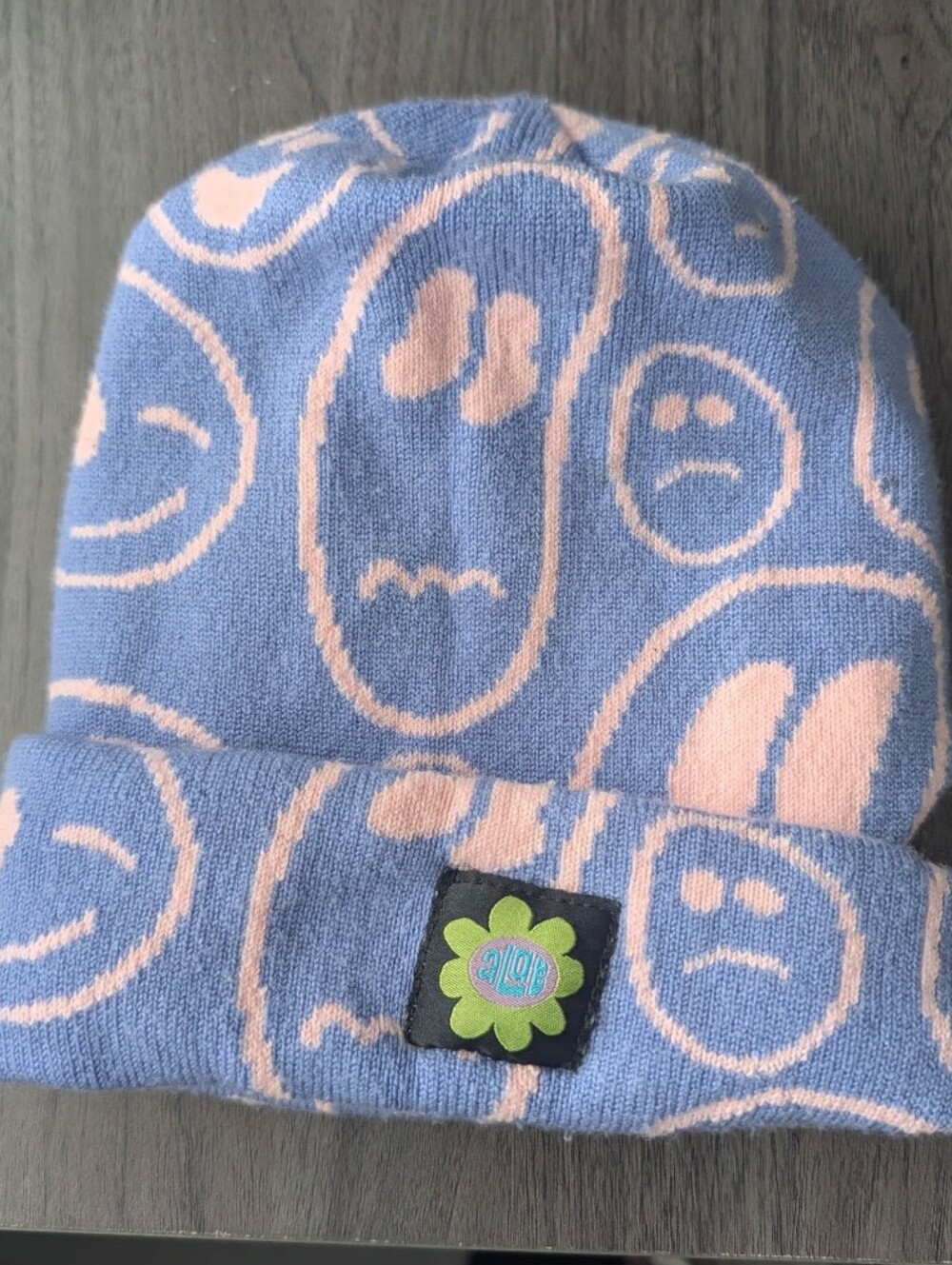 Alab Blue Smiley Face Beanie Knit Hat Pink Blue Print Y2K Cozy One Size